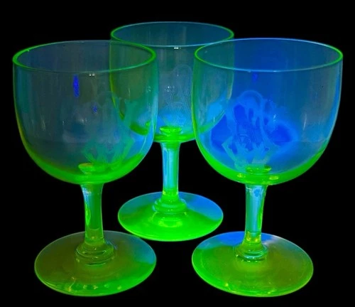 Set 3 Antique Uranium Glass Wine Goblets Etched Monogram Canary Vaseline 4 3/8”