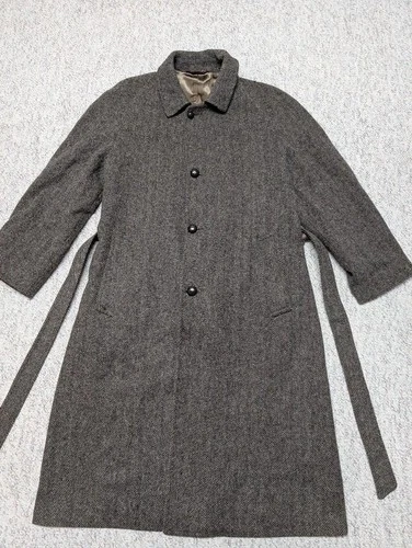 vintage USA made NORDSTROM herringbone TWEED overcoat 44L brown BELTED wool image 8