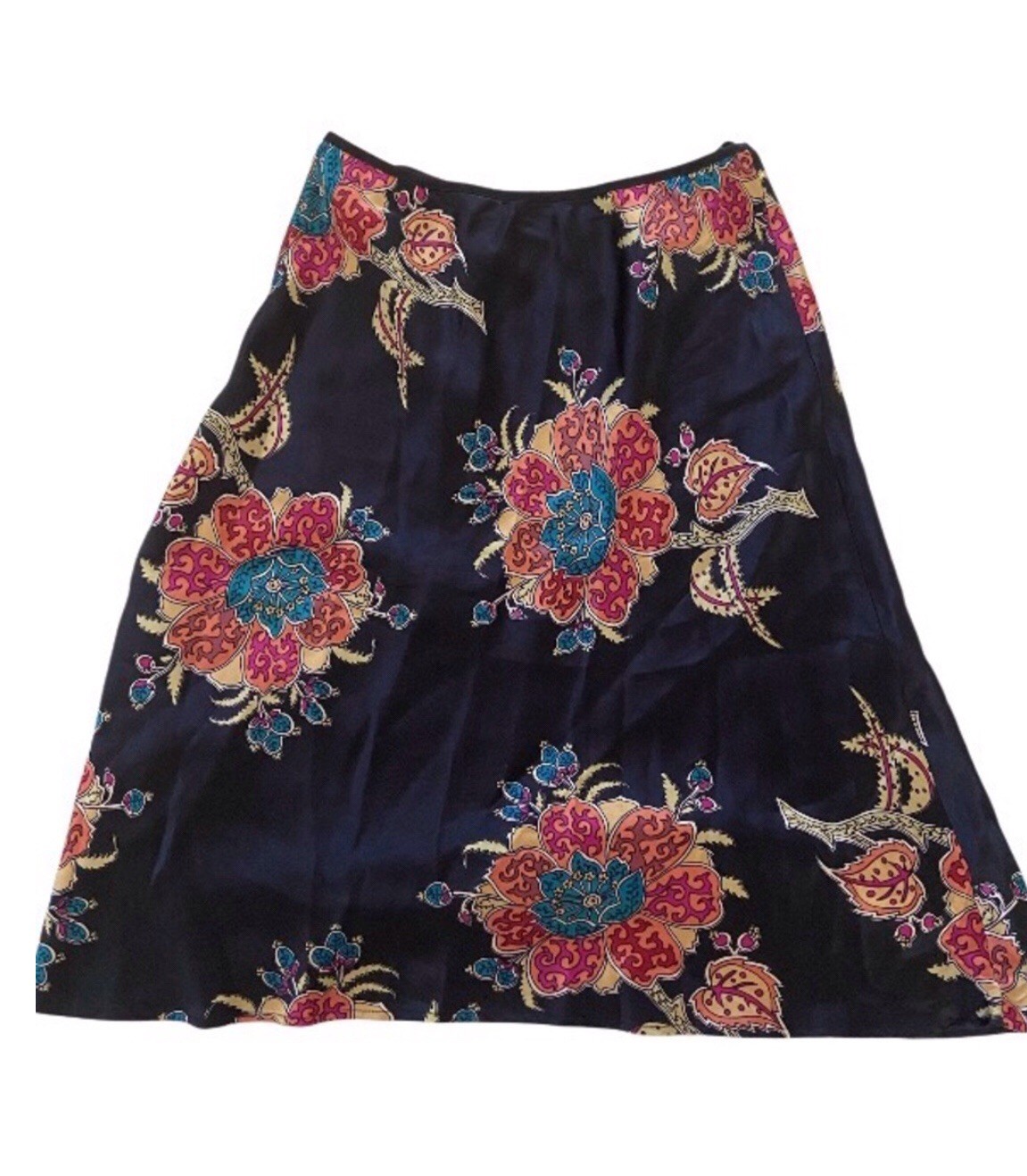 Navy silk slip skirt with a bold floral print