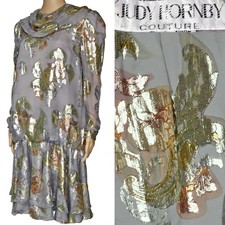 1980s Vintage Judy Hornby Couture Dress Gray Silk Chiffon Metallic Brocade 12