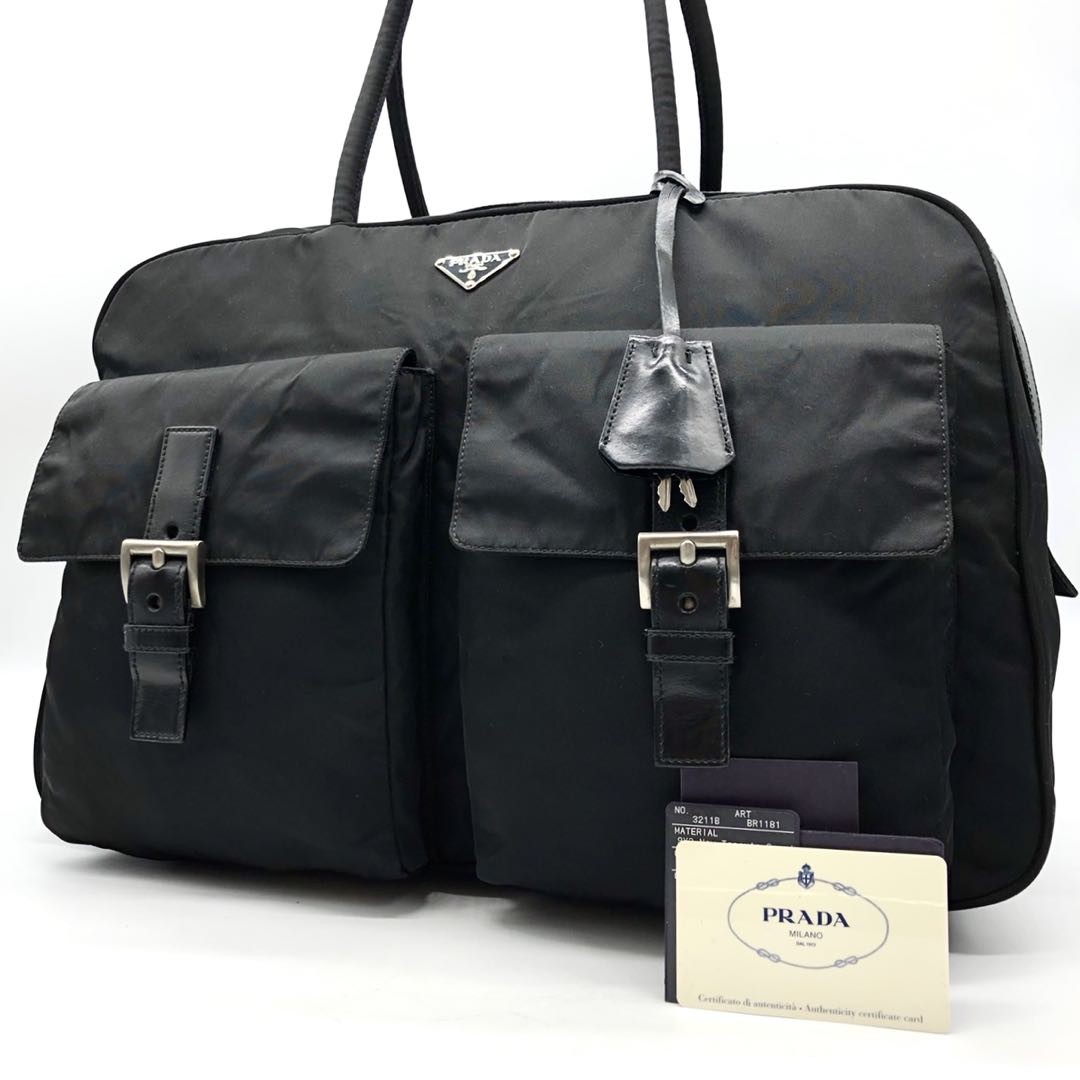 PRADA Boston Bag Triangle Logo Nylon Black Authentic