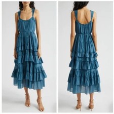 Cinq a Sept Kandra Blue Teal Ruffle Tiered Cotton & Silk Blend Dress Size 10