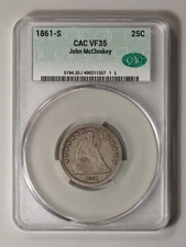 1861-S 25C Liberty Seated Quarter CACG VF35 (CAC)