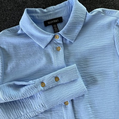 Ellen Tracy Light Blue Crinkle Texture Button Down Shirt Gold Buttons Size S