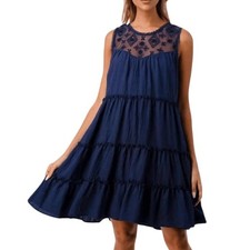 Miss Me Sleeveless Tiered Boho Mini Dress Lace Detail Navy Blue Small S