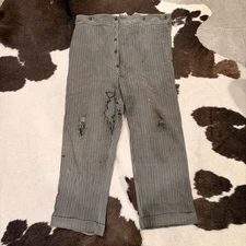 Antique French Striped Workwear Pants - Button Fly, 20s 30s Distressed Thrashed