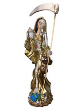 12" Gold Santa Muerte Resin Statue &ndash; Holding Globe & Scythe with Owl