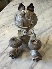 Studio Pottery Cat Candle Holder Figurine Folk Art Stoneware Handmade Bow Tie 5”