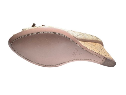 995 $ PRADA TWEED BEIGE BRAUN KORK KEILABSATZ PEEPTOE SCHUHE MIT LEDERSCHLEIFE 39 - Bild 7 von 9