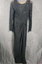 Lauren Ralph Lauren Evening Black Maxi Dress SZ 6 Long Sleeve Sheer Lace Sequins