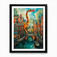 Dinosaur In The Canals Of Amsterdam Framed Wall Art Poster Canvas Print Picture