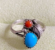 Size 6 Native American Turquoise And Coral 925 Sterling Silver Ring VTG 2.0 GR