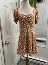 Lulus Brown White Abstract Woven Sweetheart Puff Sleeve Fit & Flare Dress M