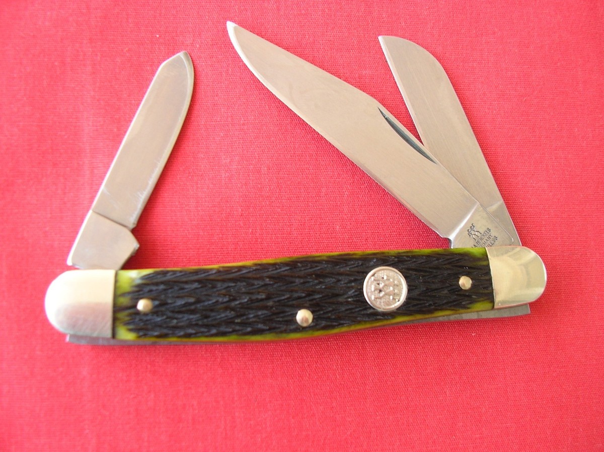 J.A. HENCKELS HK-3 GP 3 BLADE STOCKMAN GREEN JIGGED BONE HANDLES 2