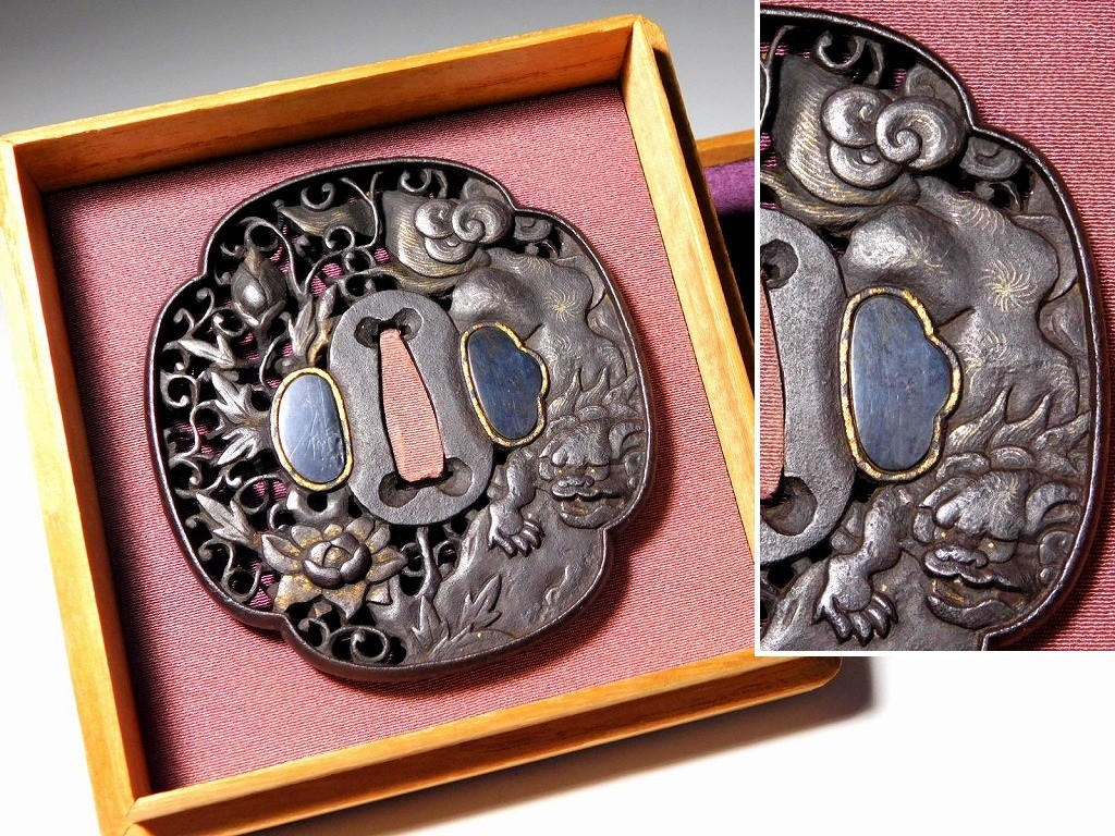 High Grade Choshu School Shishi with Peony Flowers 鍔 Tsuba Edo era tsuba antique