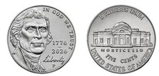 2026 USA Semiquincentennial Jefferson Nickel 5 Cent BUNC coin P Mint.