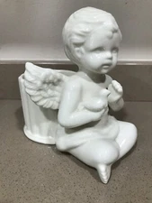 Cute Cherub Angel Holding A Bird Candle Holder Planter