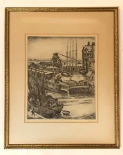 Vintage 4 Masted Ship Mopeolia/ Vaterland Etching-Felix Count von Luckner-signed