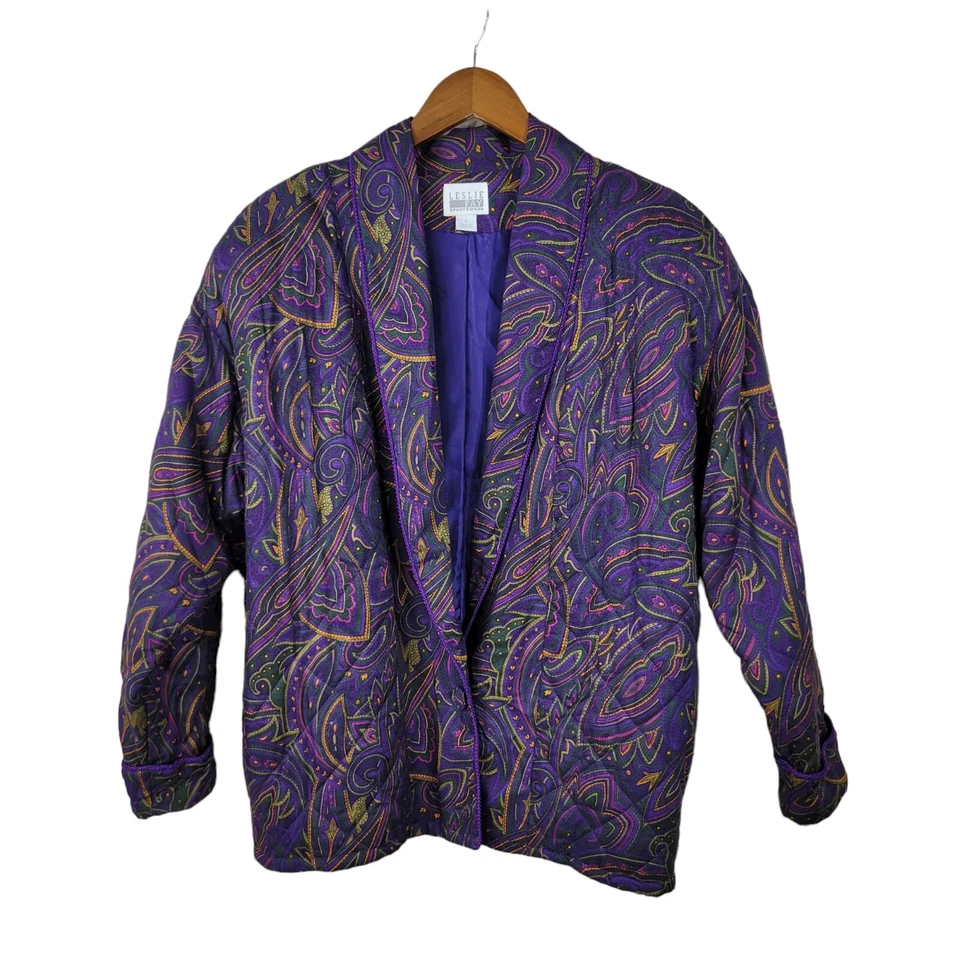 Abrigo Chaqueta Bombardero Acolchada Vintage Años 90 Talla 6 Abotonada Púrpura Paisley Foto 2 de 4