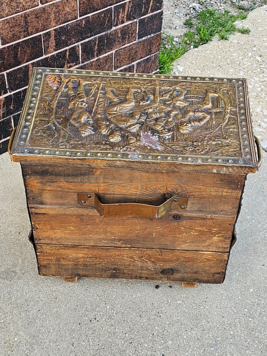 Antique Victorian Ornate Embossed brass firewood coal storage