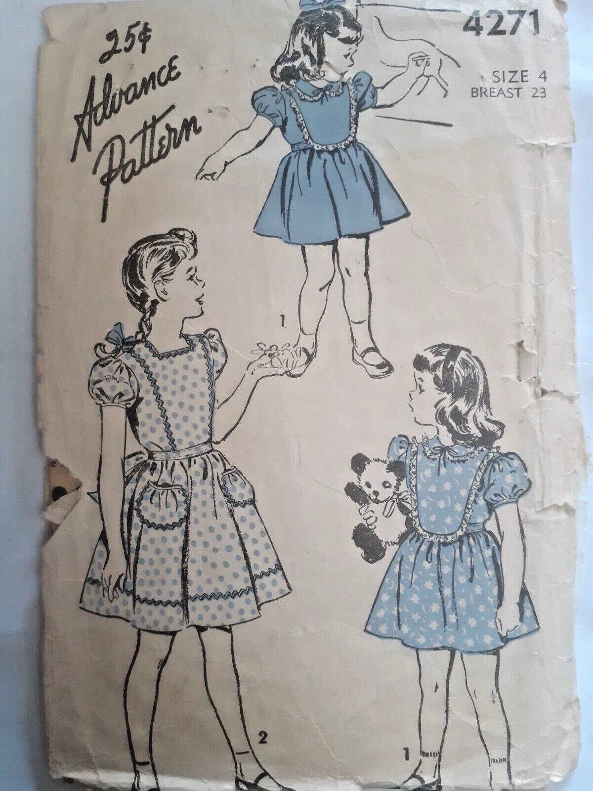 Dress Girls 4 Advance Sewing 4271 Pattern VTG 40's Cut Puss Sleeve Pocket Party