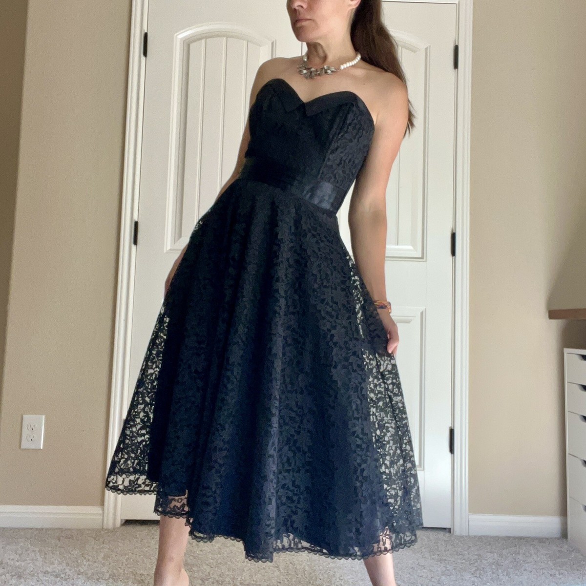 chinese dress ladies 1950's Charles Glueck Black Silk Taffeta Fit and Flare Dress with Lace