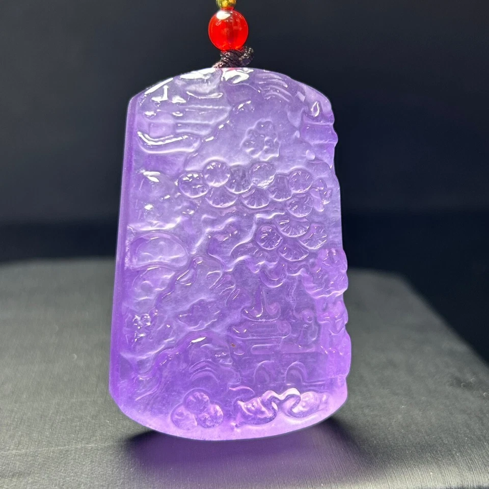 Colgante y collares de paisaje tallado jadeíta púrpura hielo natural real Foto 3 de 4