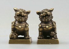 31MM Curio Chinese Brass Foo Fu Dog Guardion Lion Pair Small Seal Signet Statue