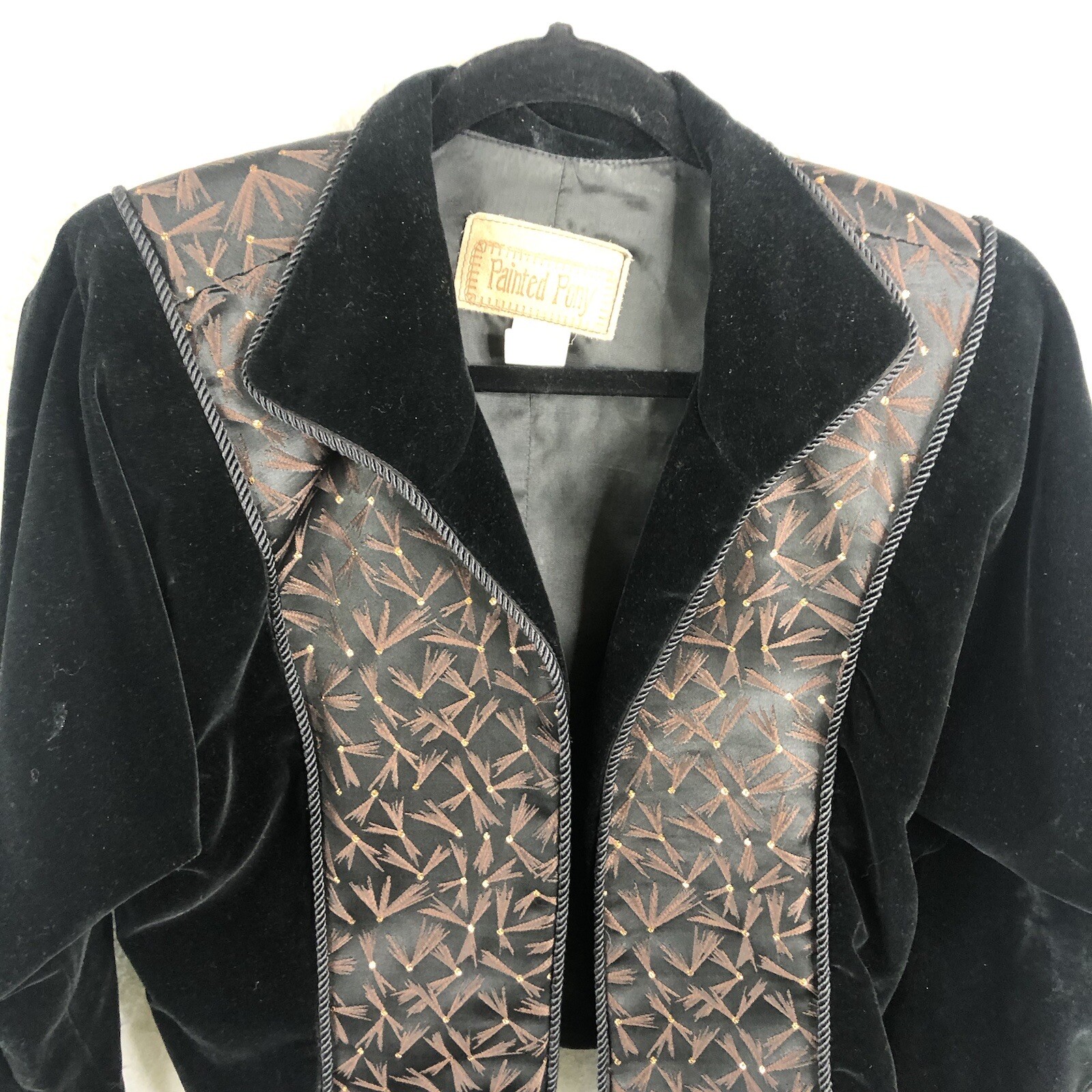 Giacca vintage velluto pony dipinto donna piccola nera ricamo bolero Y2K
