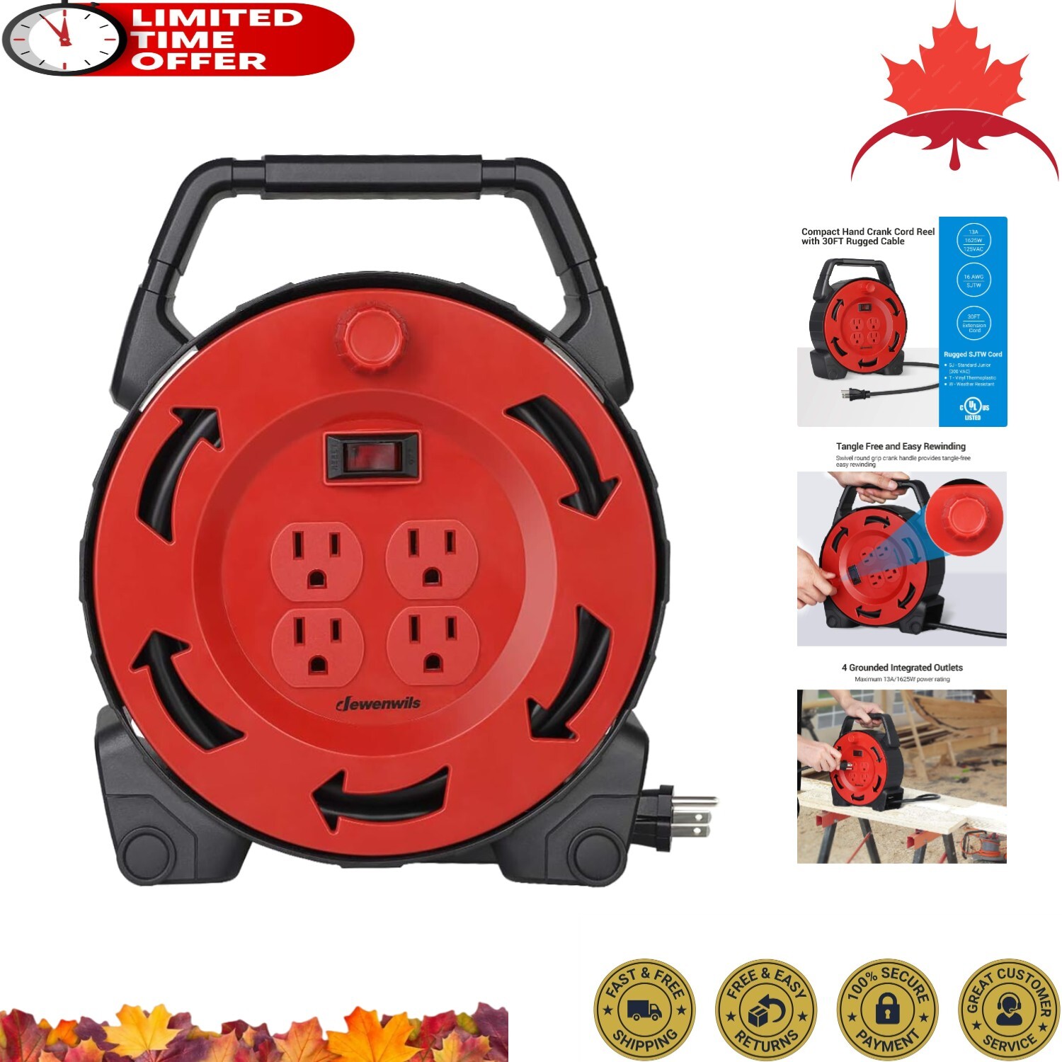 Extension Cord Reel - 30 FT Hand Wind Retractable - 4 Outlets - Portable - UL-image