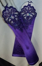 Bridal Prom Costume Adult Satin Fingerless Gloves Purple Opera Length Beaded