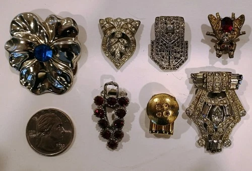 Vintage 1920s -1940s Costume Jewelry Seven Art-Deco Dress Clips & Suspender Tack