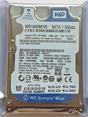 160GB SATA Western Digital WD1600BEVS-08VAT1 5400rpm 8MB 2.5'' Hard Drive New