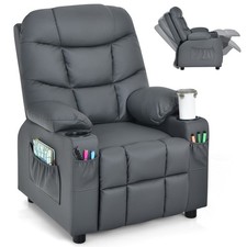 Honeyjoy Kids Youth Recliner Chair PU Leather w/Side Pockets  Cup Holders Grey