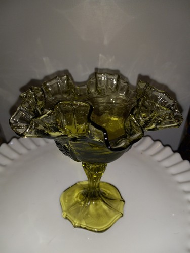 A Stunning Vintage Fenton Green Cabbage Rose Compote With Ruffled Edge MCM