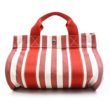 Borsa a mano originale HERMES Cannes PM rosso/bianco sporco cotone/argento - ...