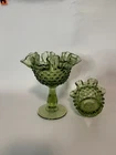 Vintage Fenton Hobnail Colonial Green 3" Double Crimped Vase & Round Compote