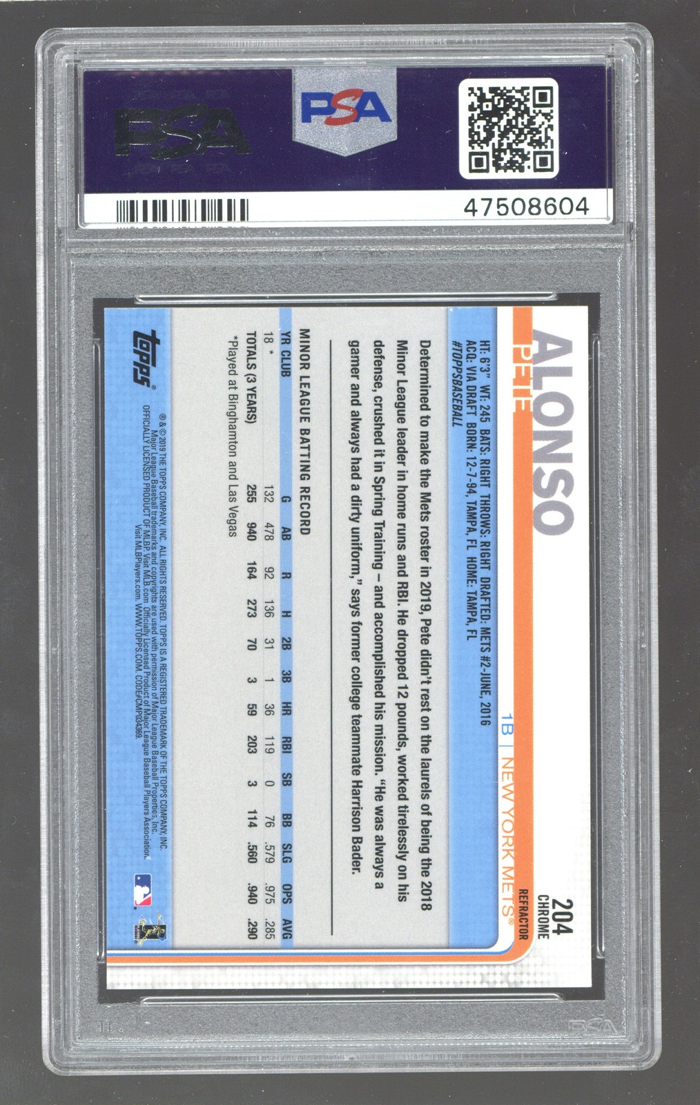 2019 Topps Chrome #204 Pete Alonso Refractor ROOKIE RC PSA 10 view 2