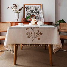 Spring Floral Embroidered Cotton Linen Tablecloths Dining Table Cover Tassels UK