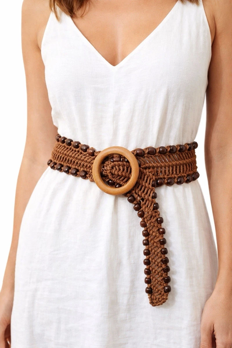 Macrame Belt Womens Large Braided Wood Buckle Woven Cotton Cowry Shells Beachy Shell Macrame Belt - Etsy main image 2