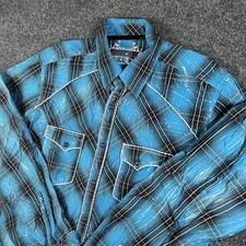 Rock 47 by Wrangler Western Snap Shirt Blue Lightning Plaid Men  s M Pearl Snap