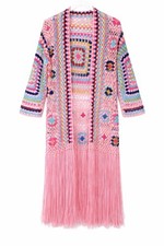 Womens Crochet Duster Cardigan Fringe Hem Boho L Hippie Festival Open Front KK19