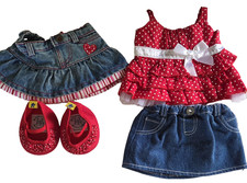 Build A Bear Clothing Lot Girls Outfits 2 Jean Skirts Dress Matching Shoes Red