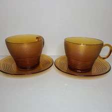 Duralex Vintage Glass Cups and Saucers, Amber Yellow
