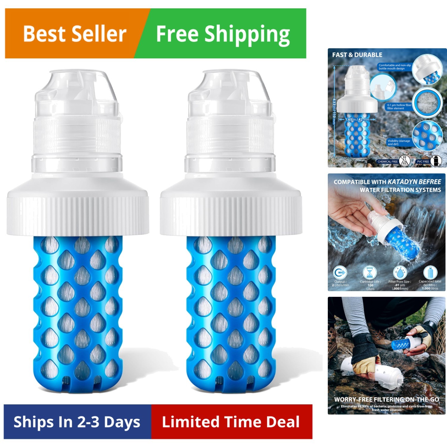 2 Pack Water Filter Cartridge Compatible with Katadyn BeFree