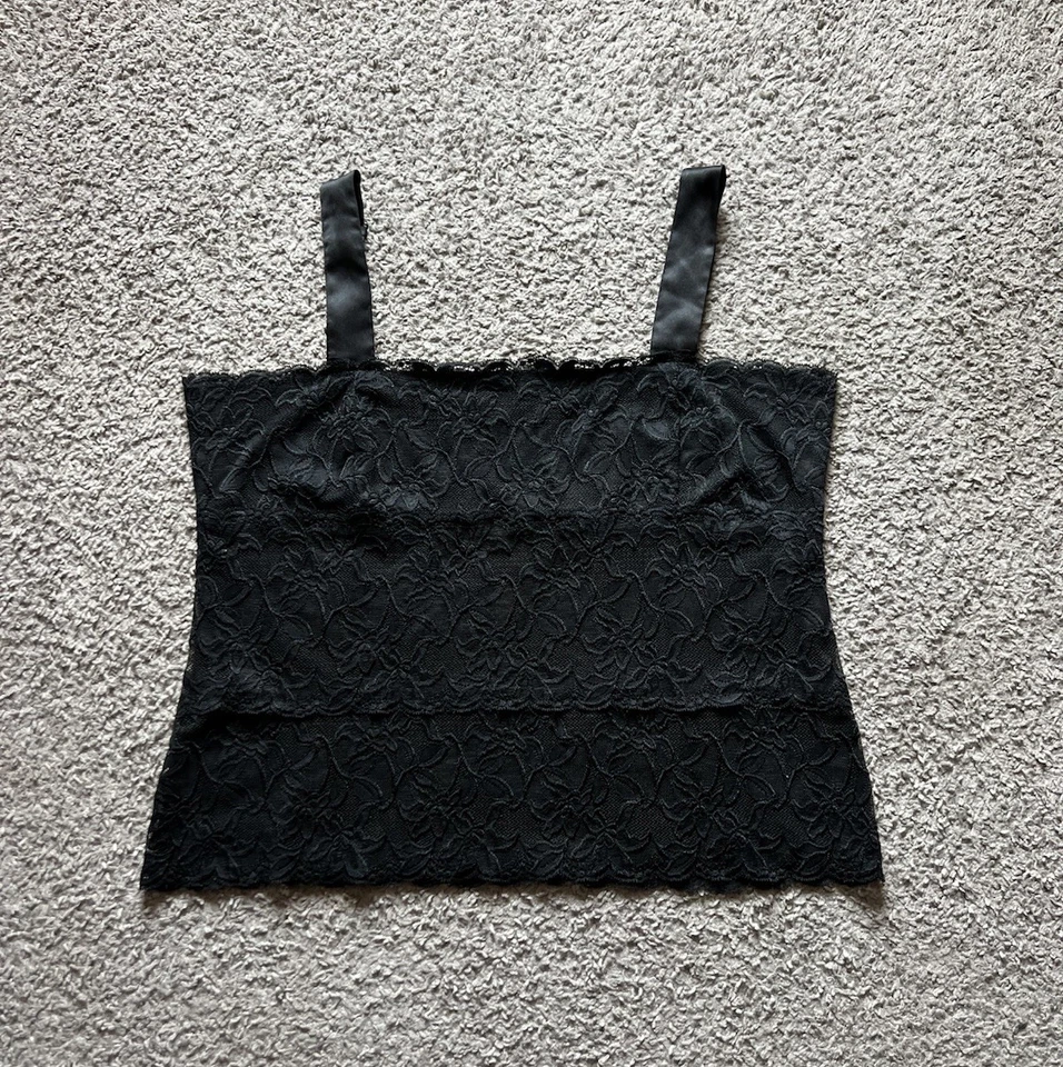 Vintage Anos 2000 Top XL Preto Renda Cetim Tiras Regata Fairycore Whimsigoth Boho - Imagem 4 de 4