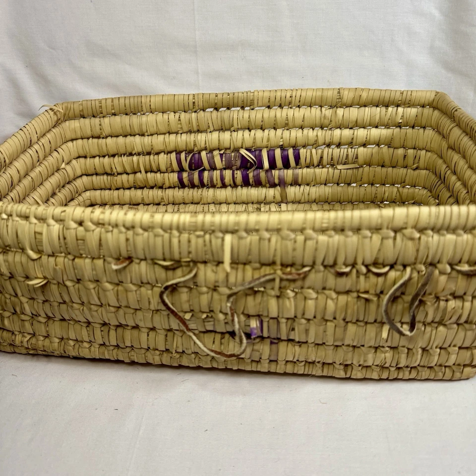 Large Vintage Handmade Straw Woven Rectangular Basket With Purple RARE - Image 4 of 4