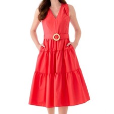 Vince Camuto Sleeveless V Neck Solid Midi Red Belted Dress Womens Size 10 NWT