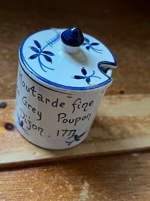 Vintage France Marked Small Blue & White Round Painted Grey Poupon