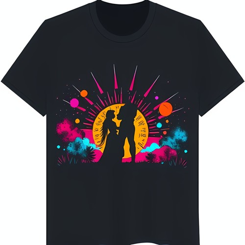 Vibrant Graphic Black TShirt Embracing Couple with Sun & Starry Sky